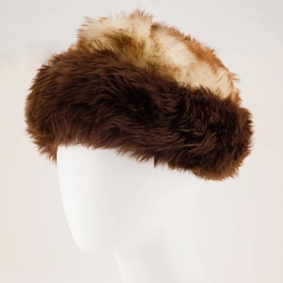 Halper Bros 1970s Vintage Italian Cream & Brown Genuine Sheepskin Fur Winter Hat - Picture 2 of 5
